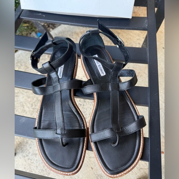 Manolo Blahnik Black Leather Gladiator Sandals Flat With Box Size 41 - Picture 2 of 13